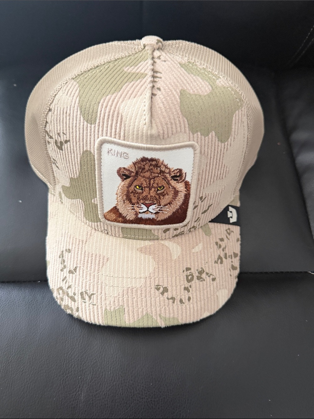 Men's Beige Camo Lion  KING Patch Trucker Hat